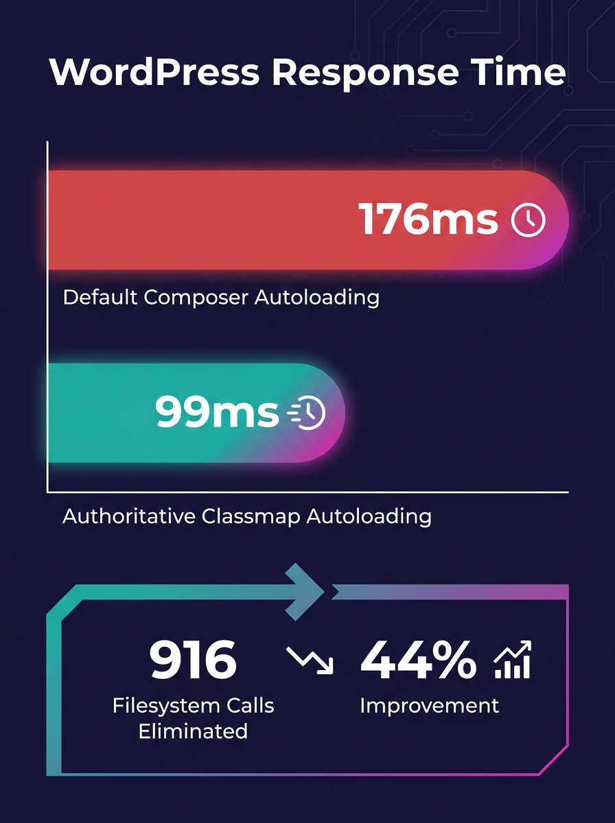 A horizontal bar chart comparing two WordPress response time benchmarks — 176ms with default Composer autoloading on the top bar in red, and 99ms with authoritative classmap autoloading on the bottom
