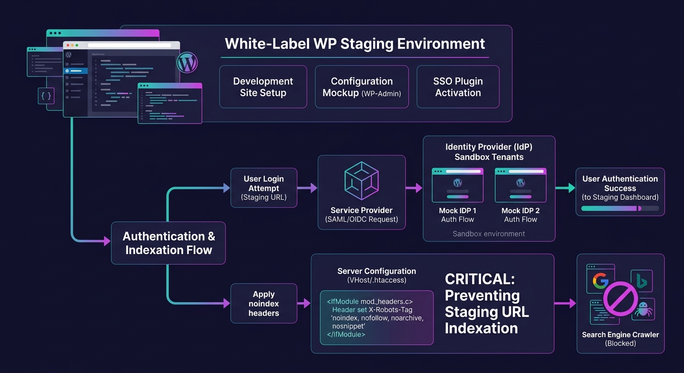 flowchart showing how a white-label WordPress staging environment connects to IdP sandbox tenants for authentication testing, with noindex headers preventing search engine indexation of staging URLs