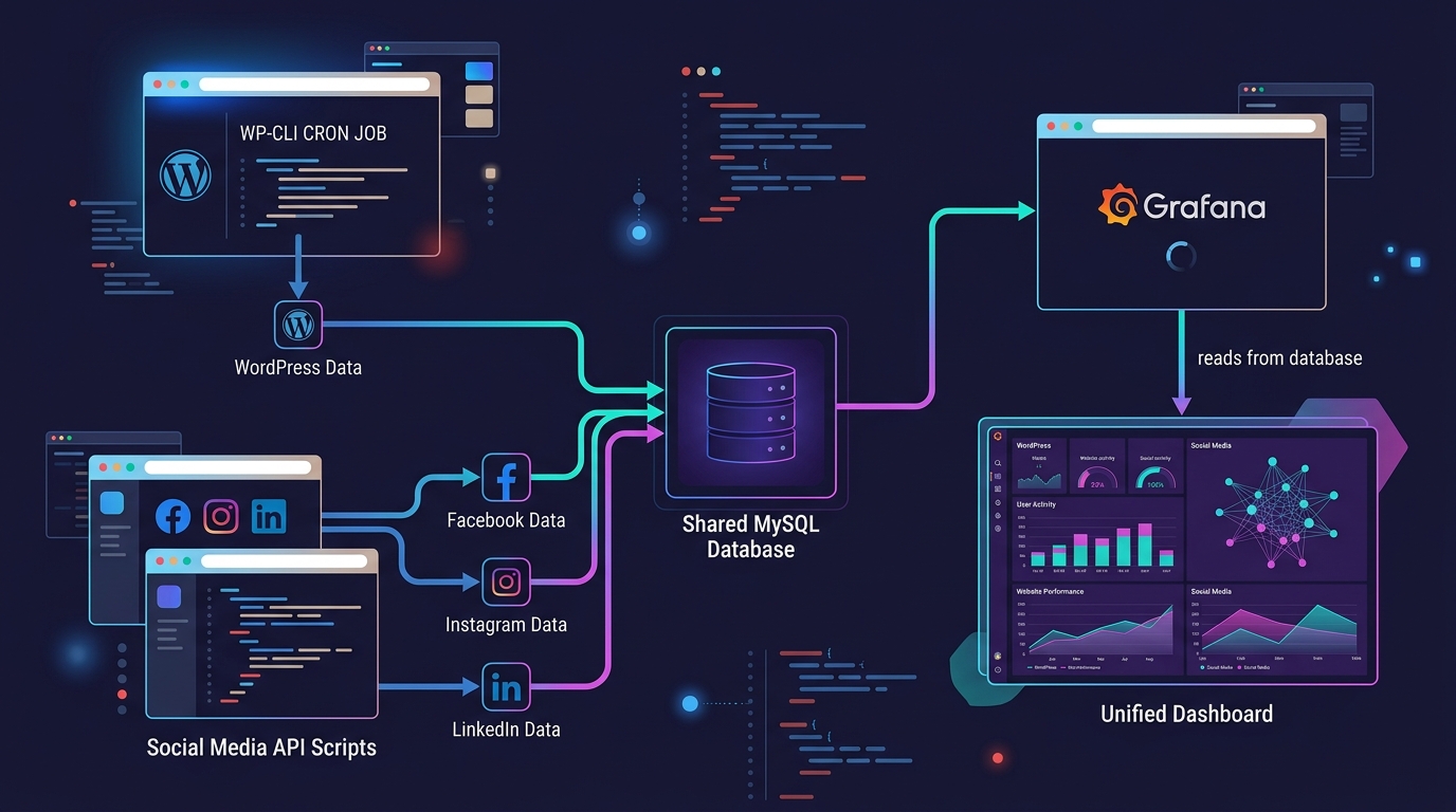 Diagram showing WP-CLI cron job exporting WordPress data and social media API scripts exporting Facebook, Instagram, LinkedIn data, both flowing into a shared MySQL database, with Grafana reading from