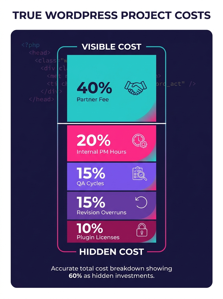 Infographic showing the breakdown of true WordPress development costs — partner fee, internal PM hours, QA cycles, revision overruns, and plugin licenses — stacked as layers within a single project co
