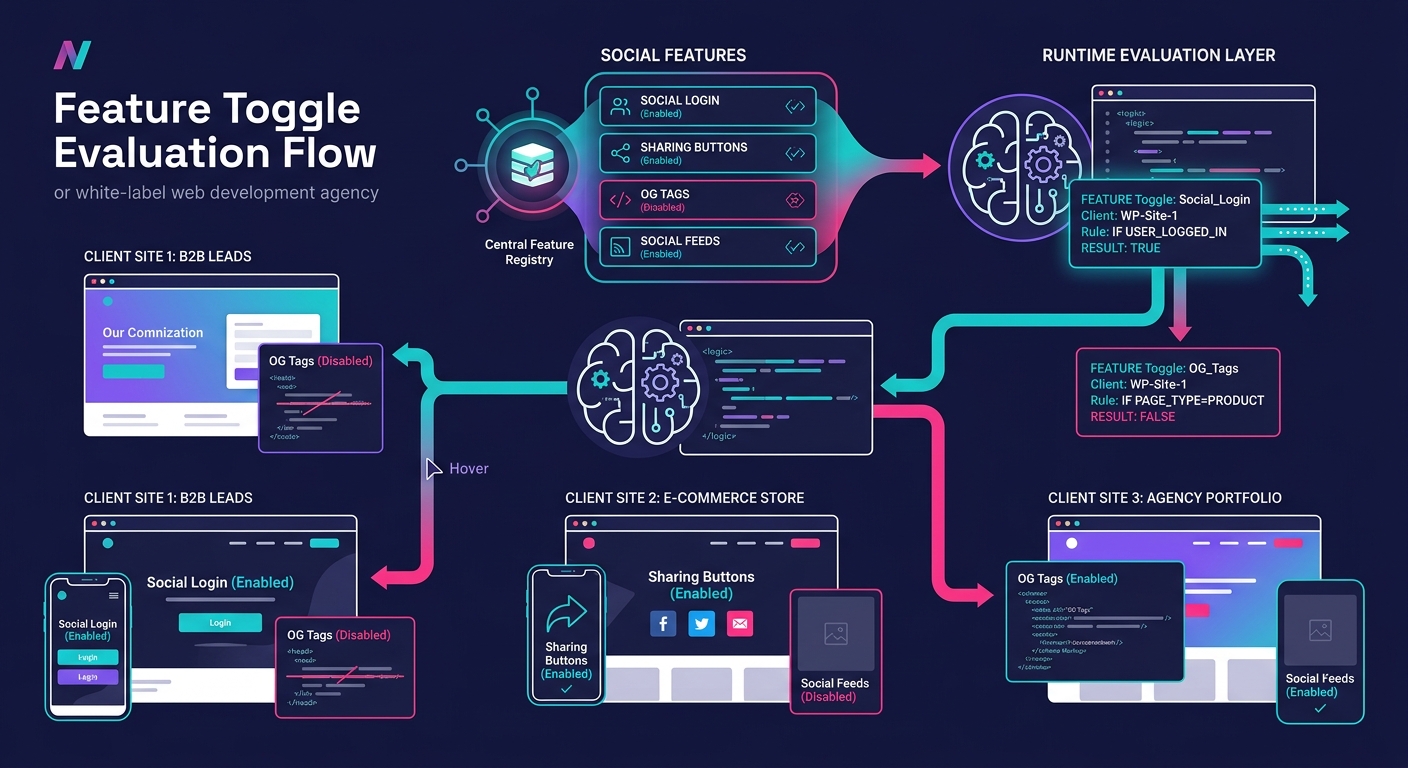 An infographic showing the feature toggle evaluation flow—from a central registry of social features (sharing, OG tags, social login, feeds) through a runtime evaluation layer, to per-client WordPress