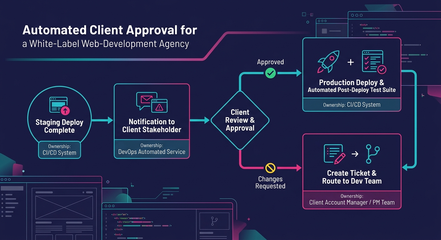 A workflow diagram showing an automated client approval process — starting with "staging deploy complete" triggering a notification to a client stakeholder, branching into "approved" (which triggers p