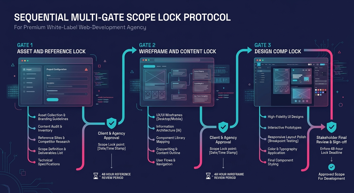 A flowchart showing three sequential gates in a scope lock protocol, with Gate 1 (Asset and Reference Lock) leading to Gate 2 (Wireframe and Content Lock) leading to Gate 3 (Design Comp Lock), each wi