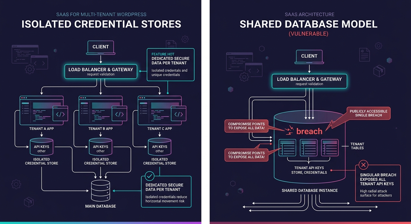 diagram showing a multi-tenant WordPress architecture with isolated credential stores per tenant, contrasted with a shared database model where a single breach exposes all tenant API keys