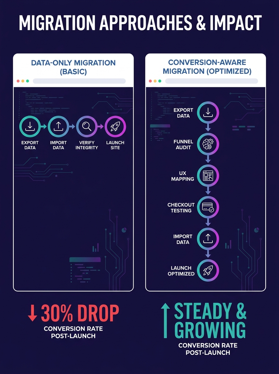Infographic showing two parallel migration timelines — one labeled "Data-Only Migration" showing steps like export, import, verify, launch with a conversion rate dropping post-launch, and one labeled