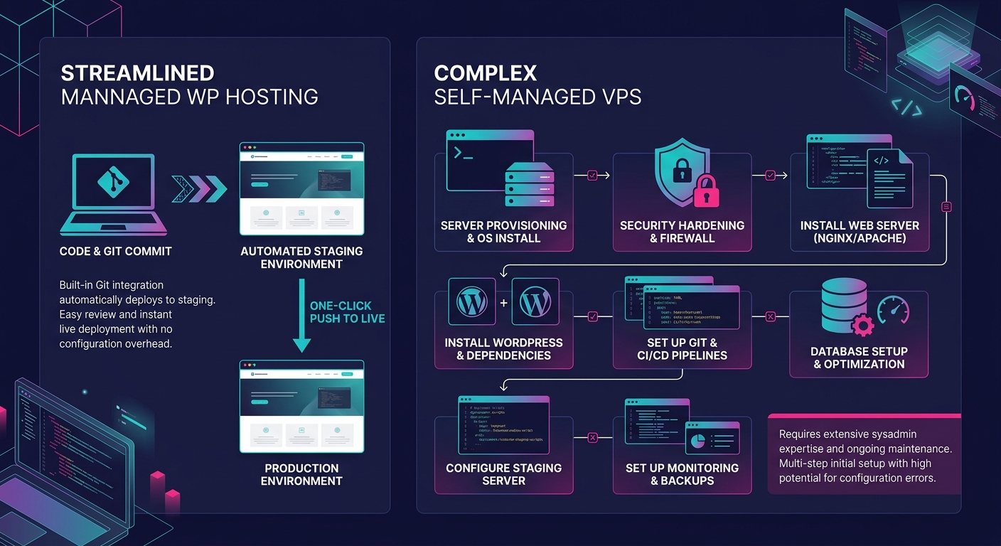 diagram showing the deployment workflow comparison between a managed WordPress host with built-in staging and Git deploy versus a self-managed VPS requiring manual pipeline setup with multiple configu