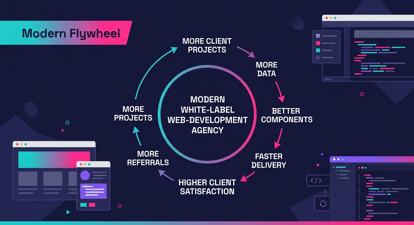 a flywheel diagram showing the scaling cycle—more client projects producing more data, feeding into better components, resulting in faster delivery and higher client satisfaction, which drives more re