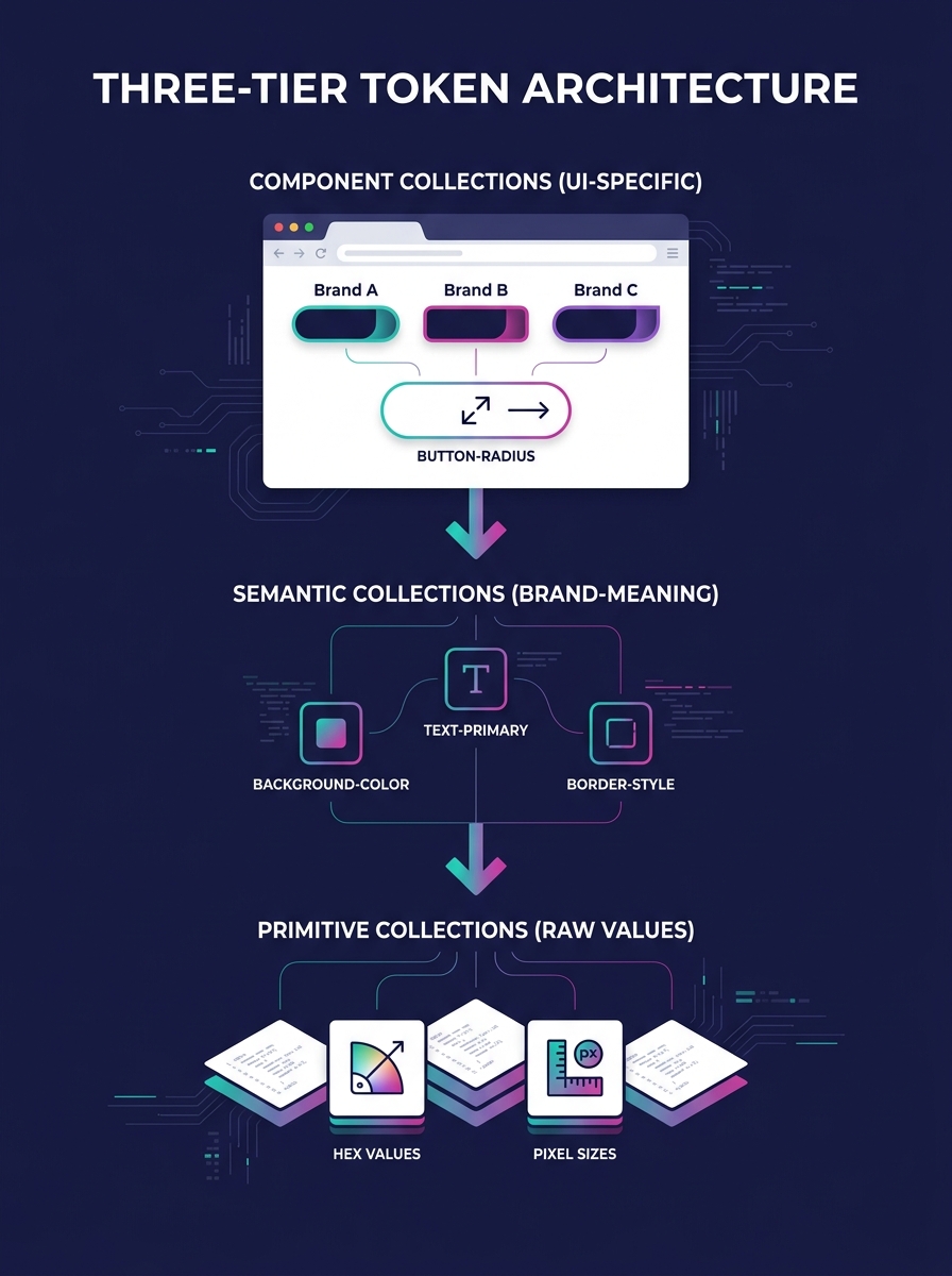 Infographic showing three-tier token architecture with Primitive Collections containing raw hex values and pixel sizes at the base, Semantic Collections with brand-meaning tokens like text-primary in