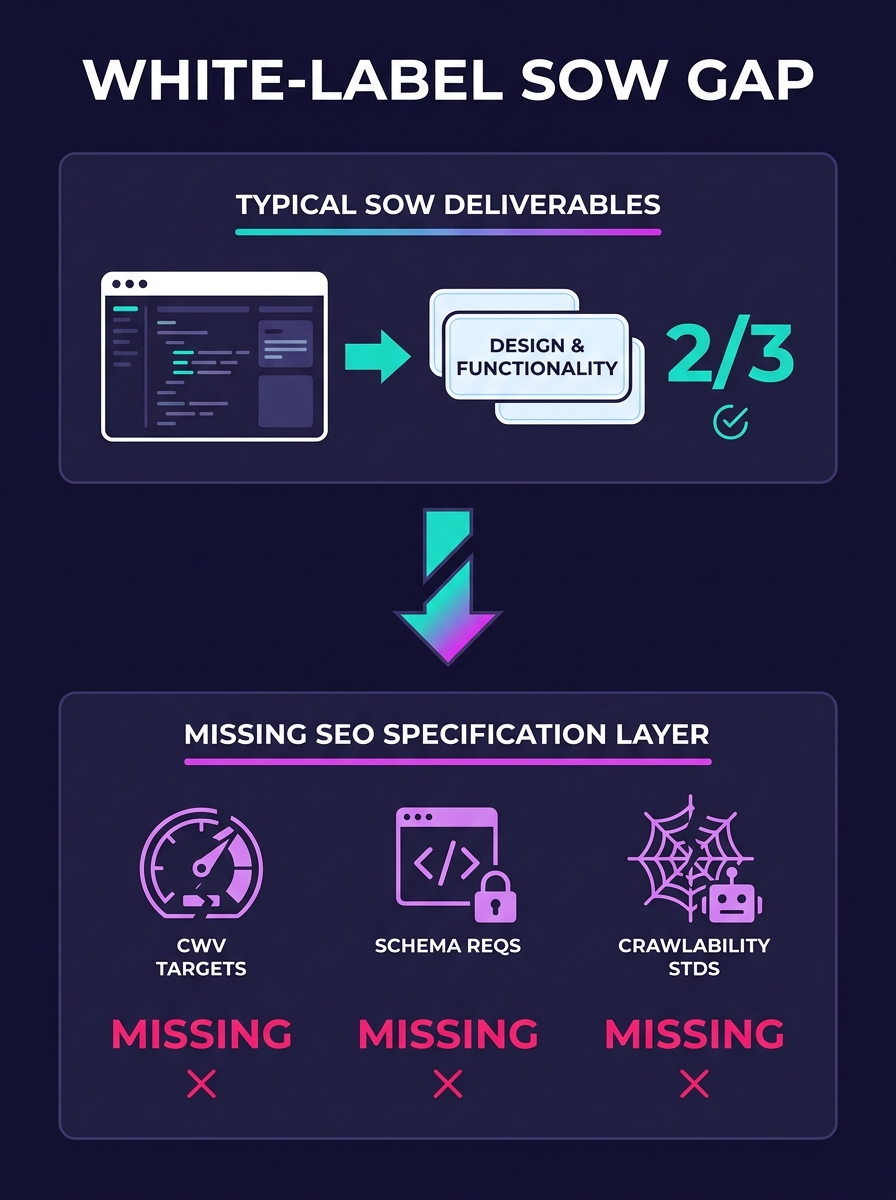 A flowchart showing the gap between a typical white-label SOW covering design and functionality deliverables versus the missing SEO specification layer including Core Web Vitals targets, schema requir