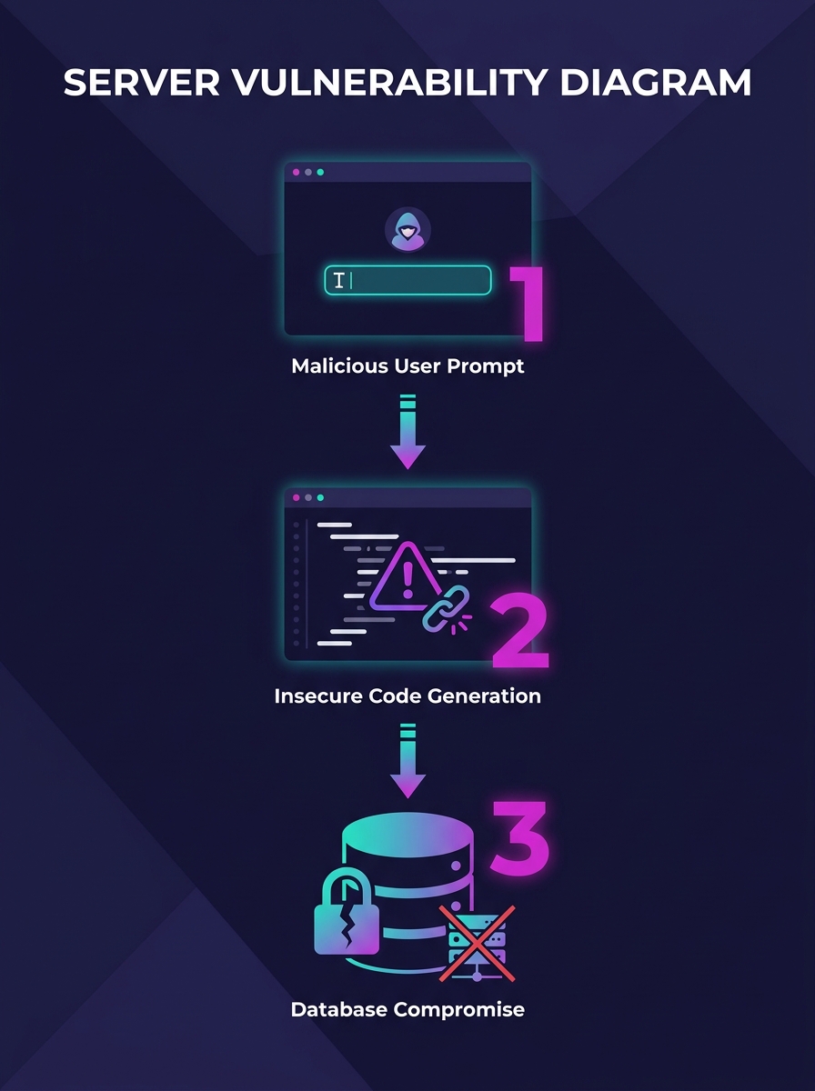 Server vulnerability diagram showing SQL injection attack vector through code generation workflow