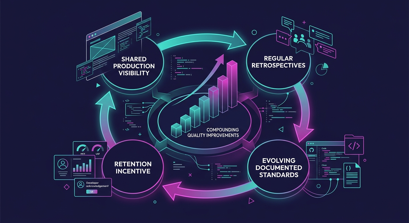 illustration showing a cyclical feedback loop with four labeled stages - shared production visibility, regular retrospectives, evolving documented standards, and retention incentive - with arrows show