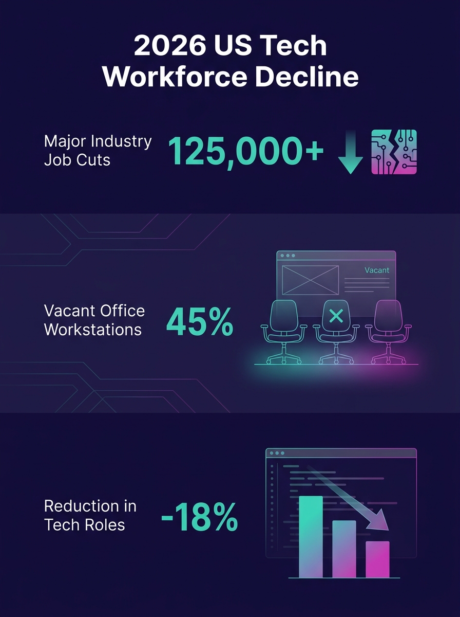 Empty office chairs in a modern tech workspace, symbolizing the wave of job cuts affecting US technology companies in 2026