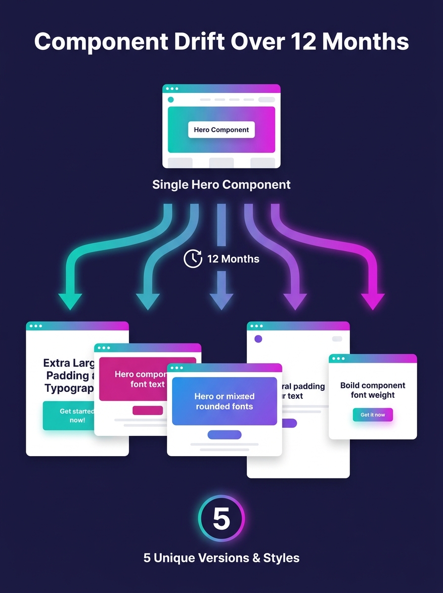 infographic showing component drift across 5 client sites, with arrows illustrating how a single hero block diverges into 5 different versions with different padding, colors, and font values over 12 m