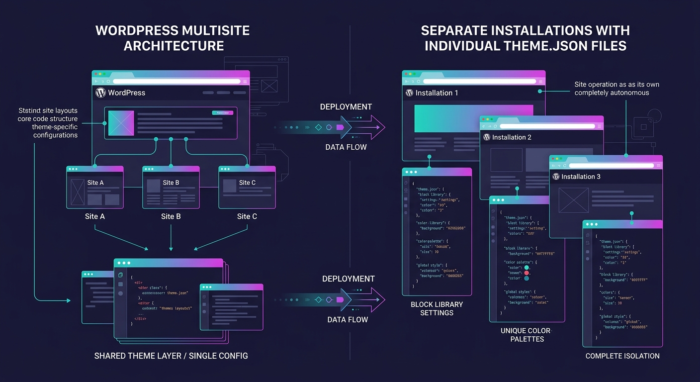 a side-by-side comparison diagram showing WordPress Multisite architecture with shared theme layer versus separate installations with individual theme.json files, connected by deployment pipeline arro