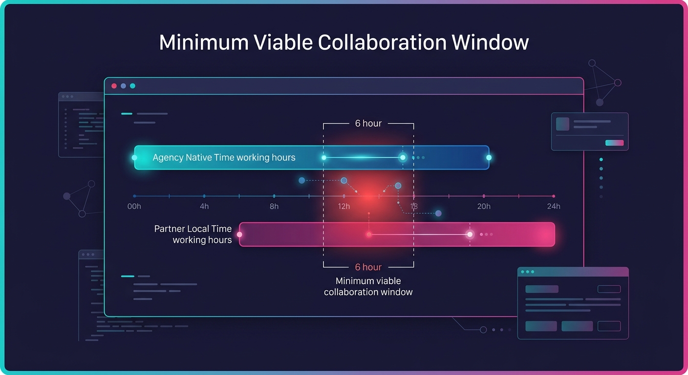 A diagram showing two overlapping timezone bars representing agency and partner working hours, with a highlighted 6-hour overlap zone marked as the minimum viable collaboration window