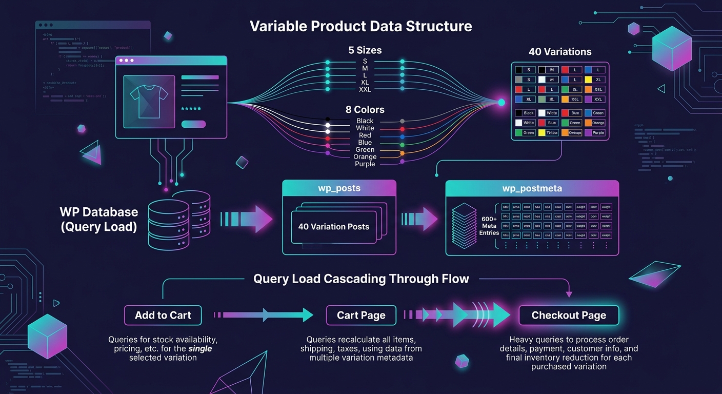 Diagram showing how a single variable product with 5 sizes and 8 colors creates 40 variation entries in wp_posts and 600 plus rows in wp_postmeta, with arrows indicating the query load cascading throu