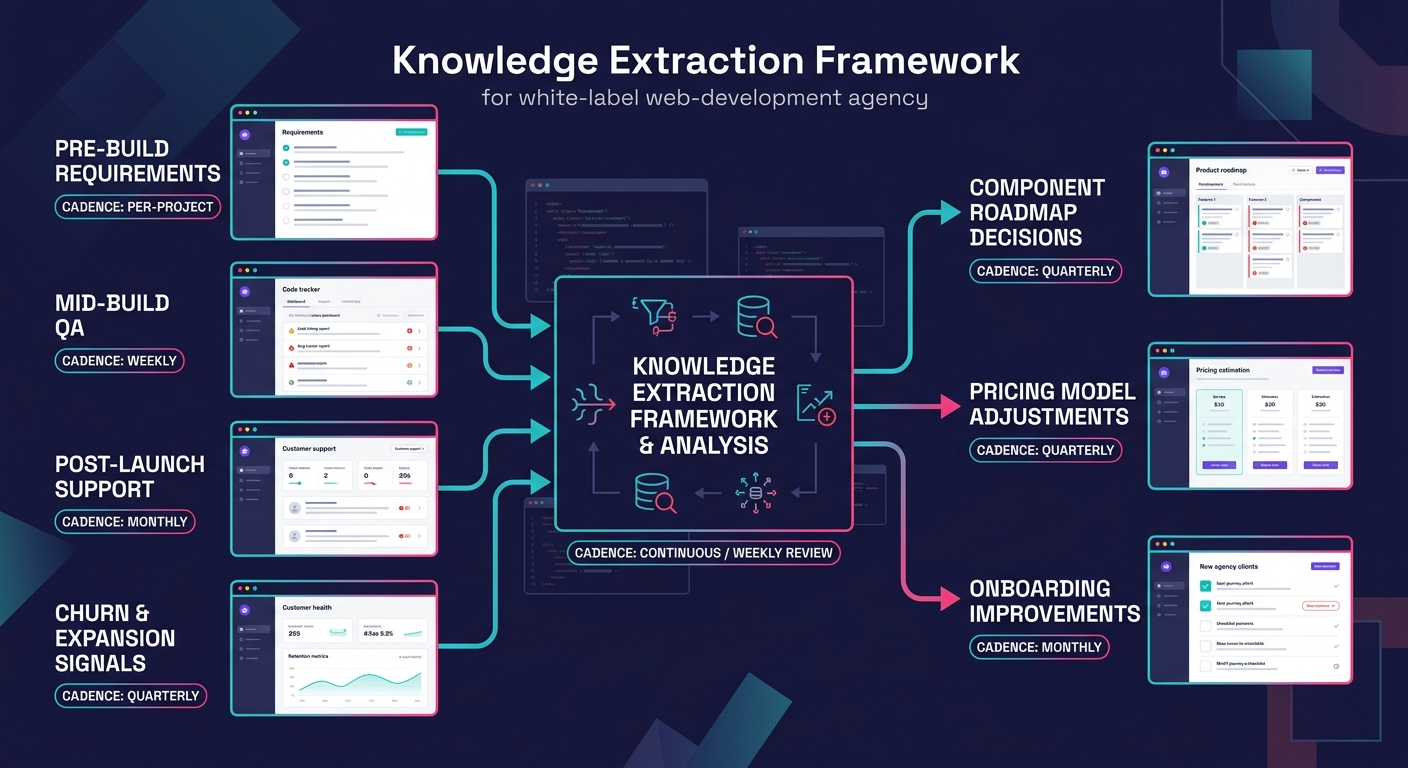 an infographic showing the Knowledge Extraction Framework with four data sources on the left (pre-build requirements, mid-build QA, post-launch support, churn and expansion signals) feeding through a 