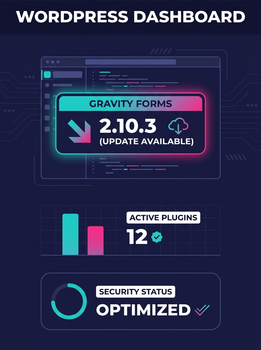 WordPress dashboard showing Gravity Forms plugin update notification with version 2.10.3 available