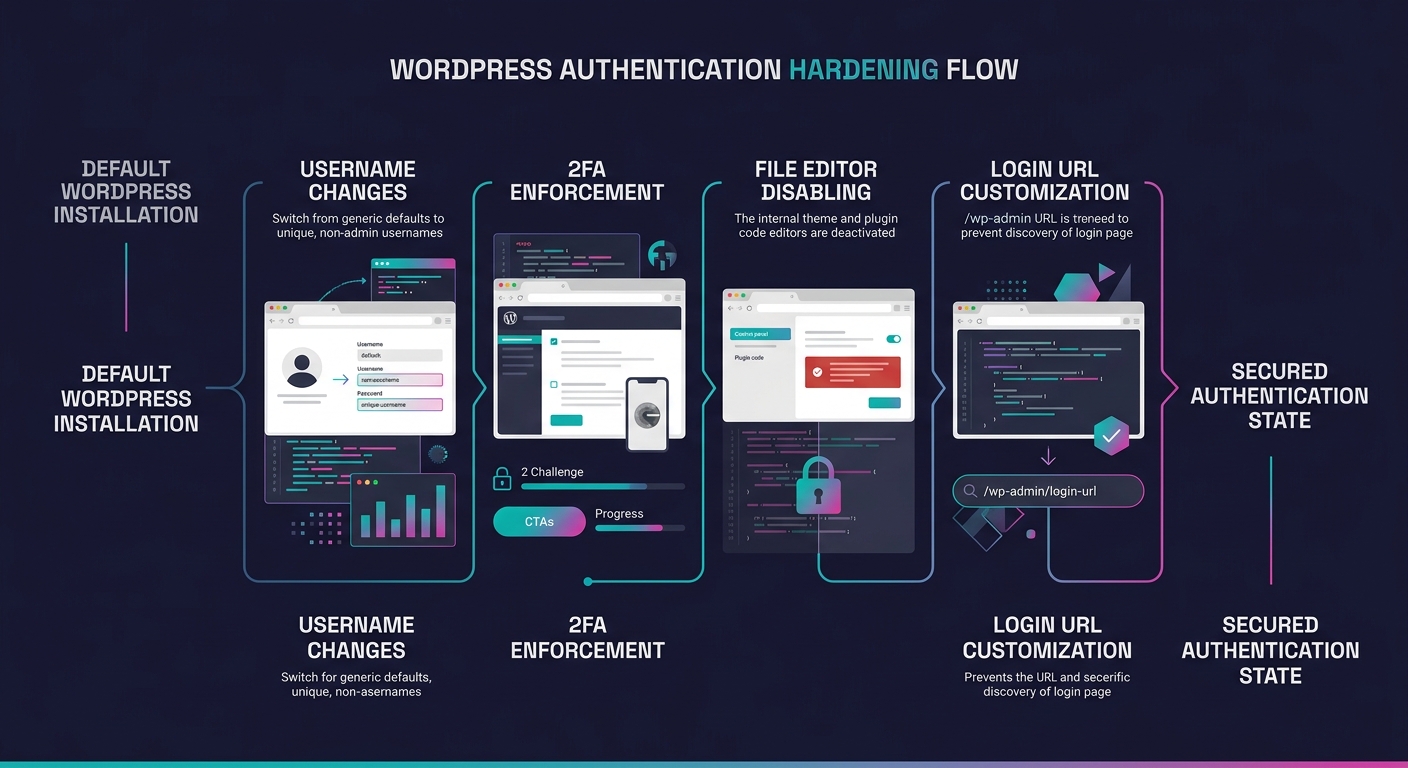 diagram showing the WordPress authentication hardening flow from default installation to secured state, including username changes, 2FA enforcement, file editor disabling, and login URL customization