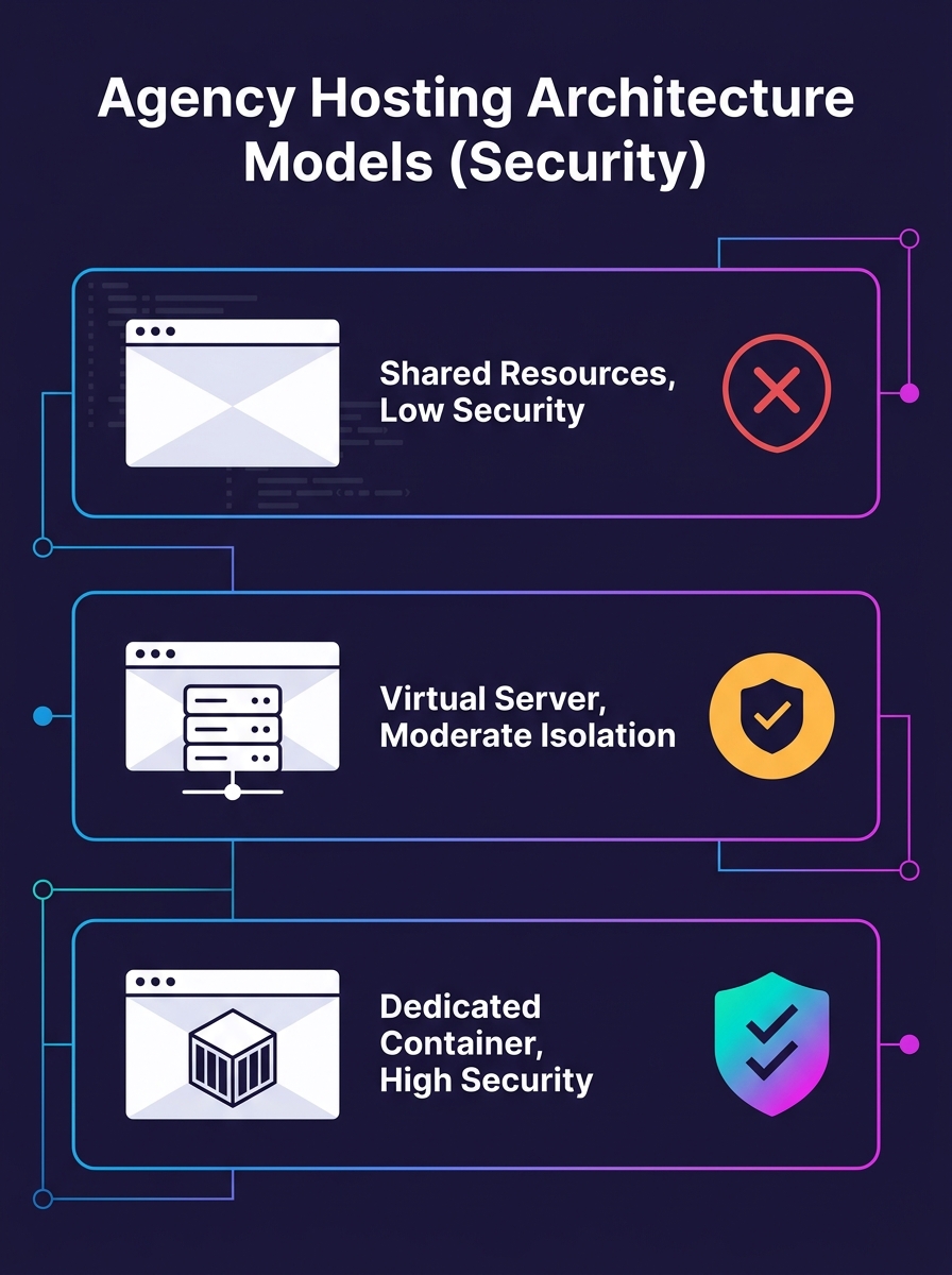 infographic comparing three hosting architecture models for WordPress agencies, showing container isolation, shared hosting, and VPS with security feature checkmarks for each