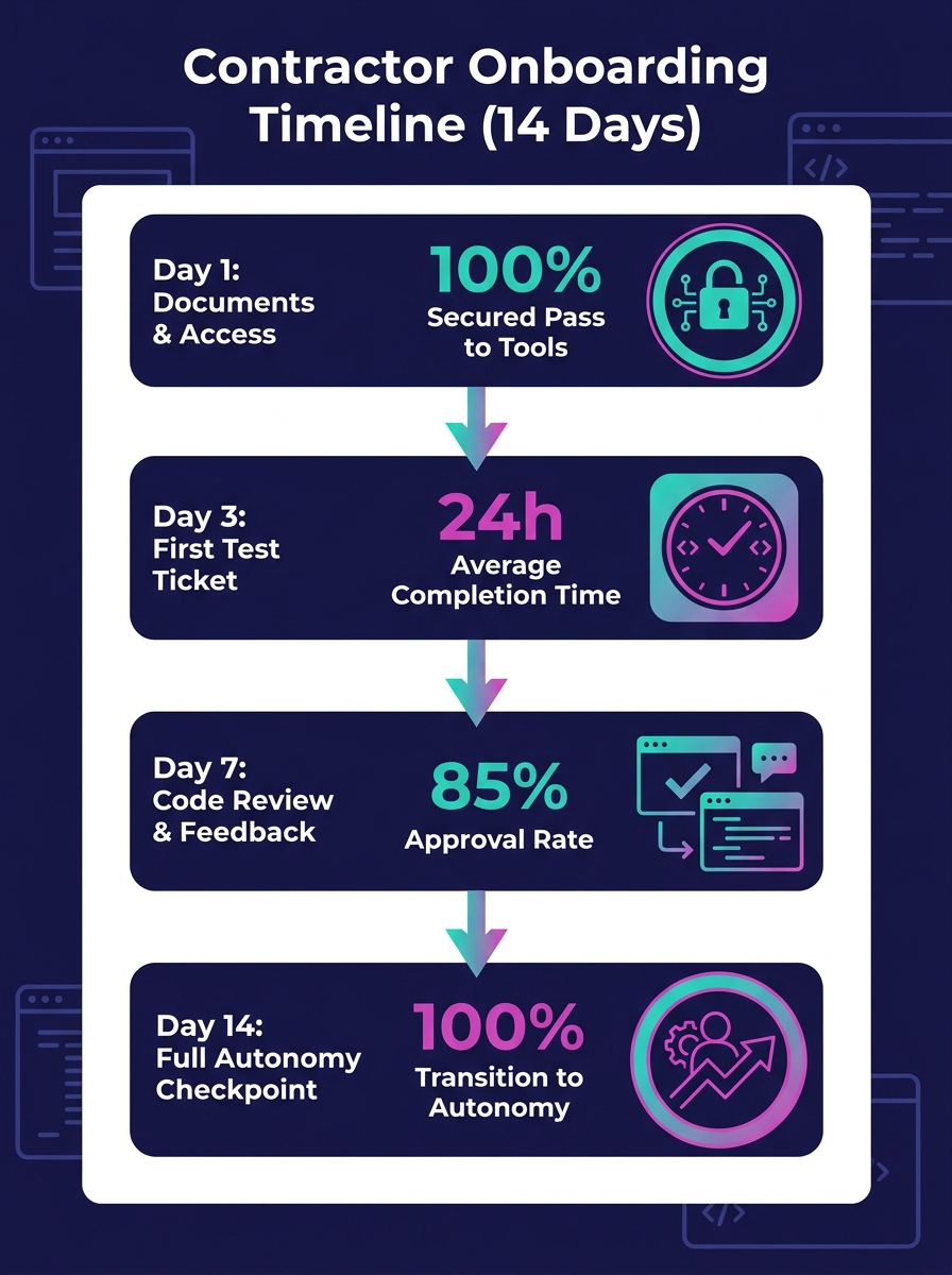 infographic showing a timeline of the first 14 days of contractor onboarding, with key milestones at day 1 (documents and access), day 3 (first test ticket), day 7 (code review and feedback), and day
