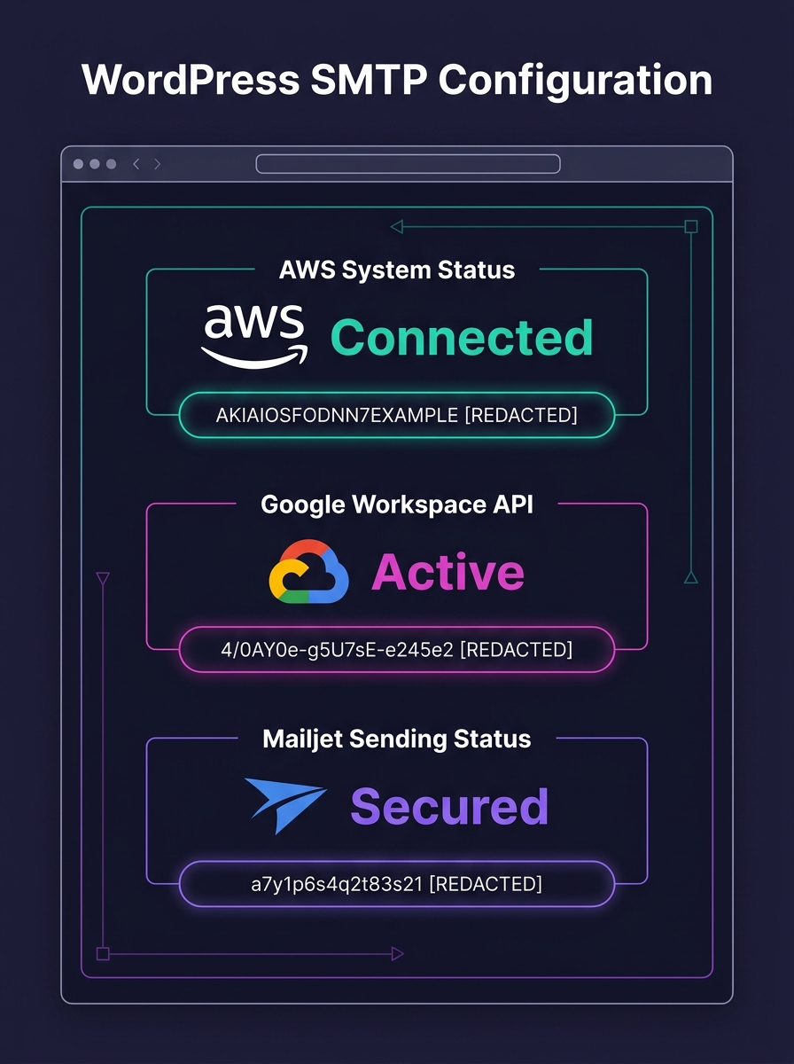 Screenshot of WordPress SMTP plugin configuration dashboard showing exposed API credential fields with redacted tokens and cloud provider logos for AWS, Google, and Mailjet