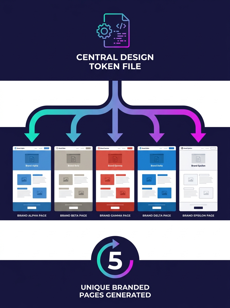 an infographic showing the flow from a central design token file branching out to five different branded WordPress landing pages, each with distinct colors and typography but identical layout structur