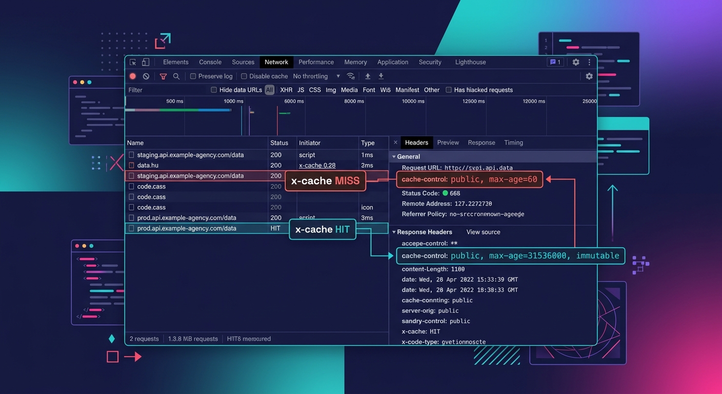 Screenshot-style illustration of a browser developer tools Network tab showing cache header responses, with highlights on x-cache HIT vs MISS indicators and cache-control max-age values comparing stag