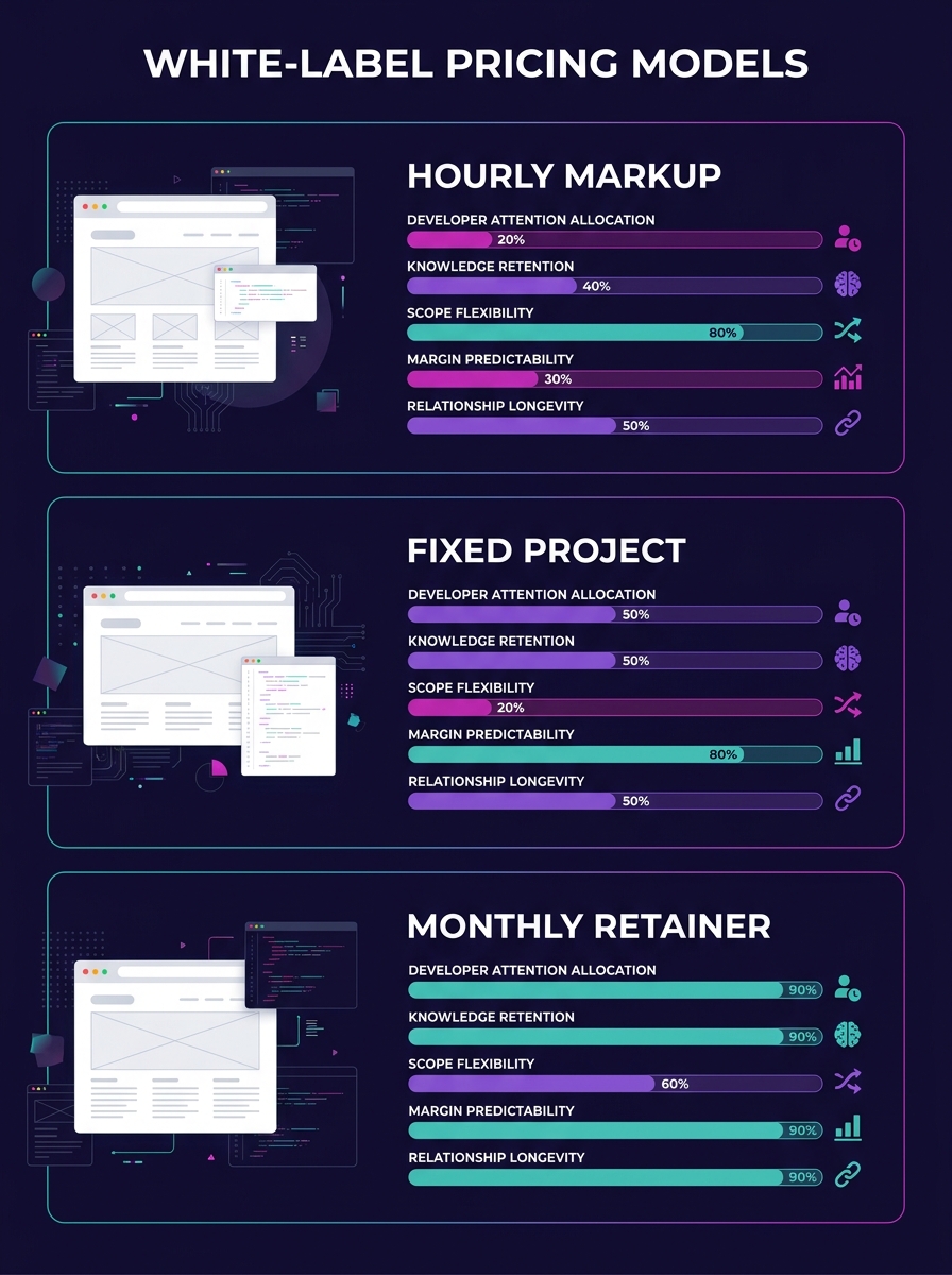 infographic comparing three white-label pricing models (hourly markup, fixed project, monthly retainer) across five attributes: developer attention allocation, knowledge retention, scope flexibility,
