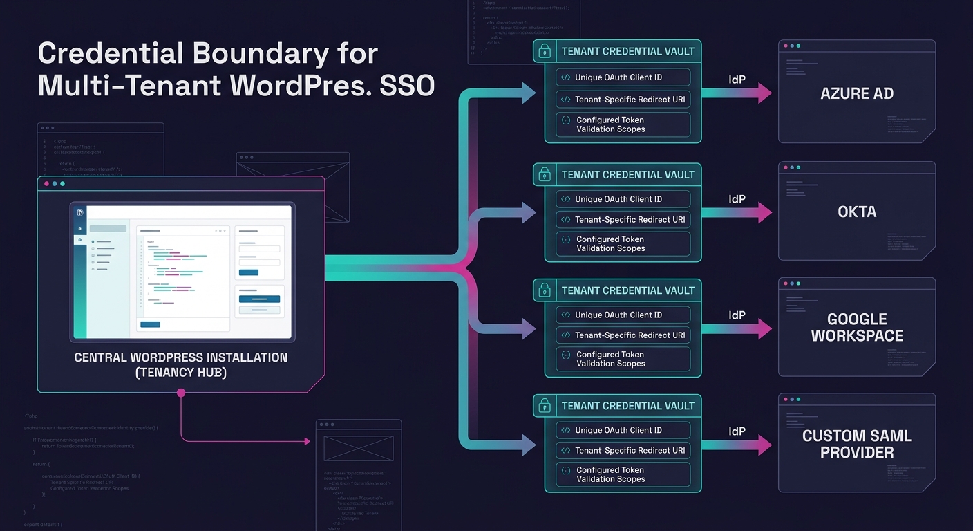 diagram showing the credential boundary architecture for multi-tenant WordPress SSO — a central WordPress installation with arrows to 4 different identity providers (labeled Azure AD, Okta, Google Wor