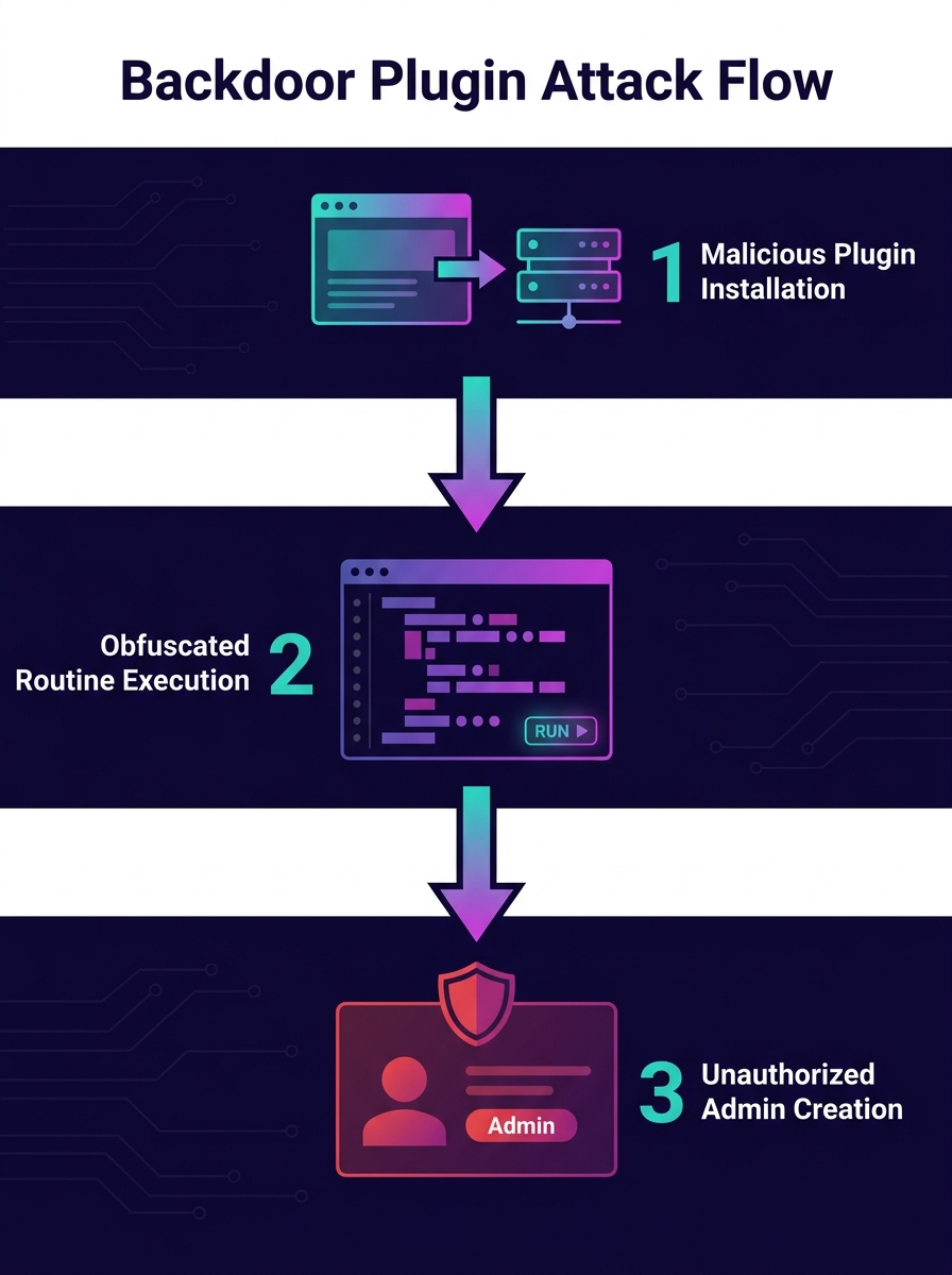 JavaScript code snippet showing backdoor plugin installation routine with administrator account creation payload