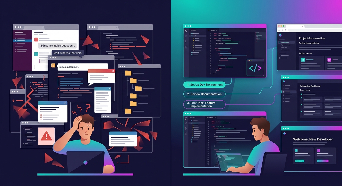 a split-screen comparison showing a chaotic onboarding process on the left (scattered Slack messages, missing documentation, confused developer) versus a structured onboarding process on the right (cl