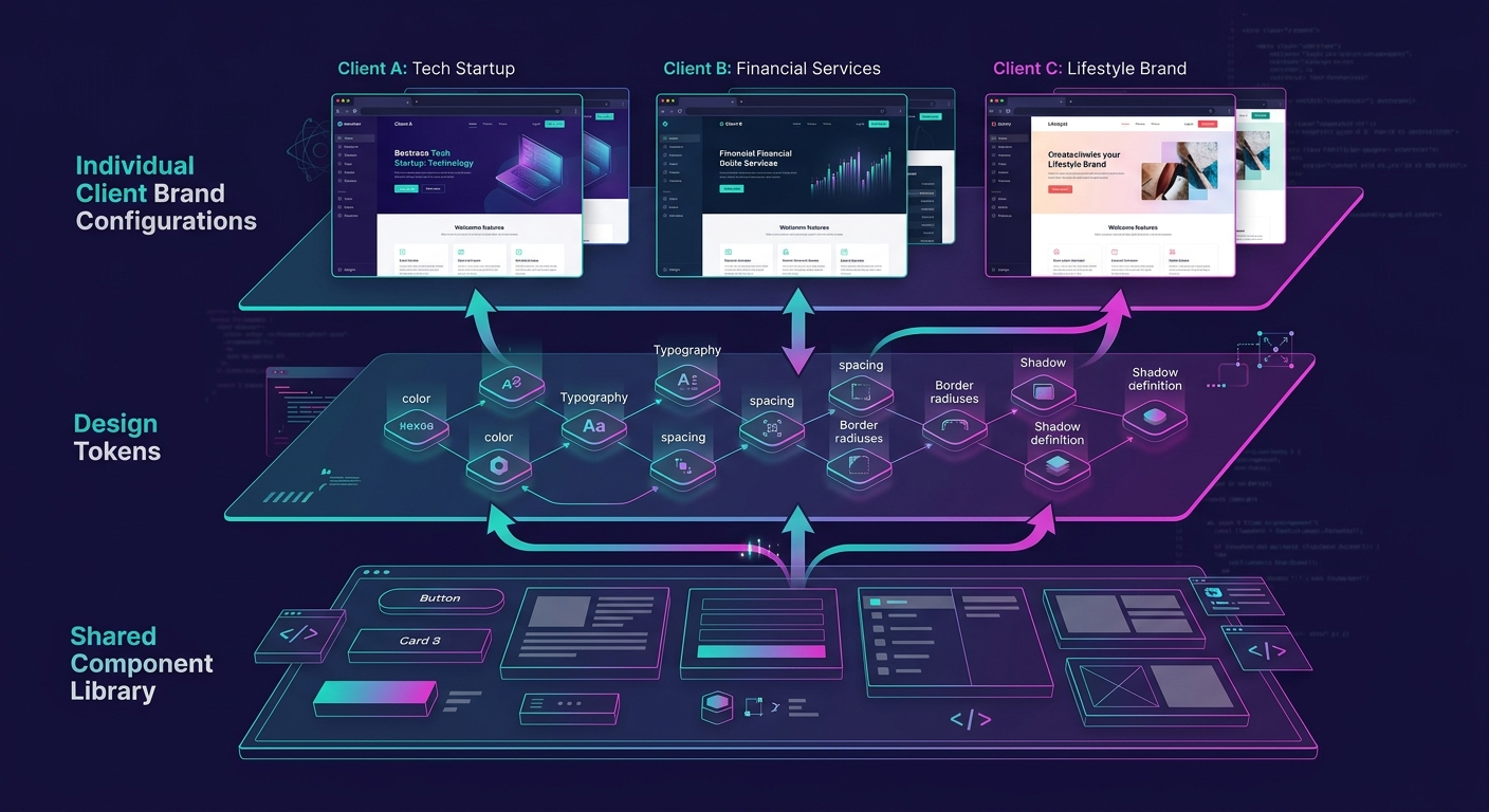 diagram showing the three-layer architecture of a white-label design system with a shared component library at the base, a design token layer in the middle, and individual client brand configurations