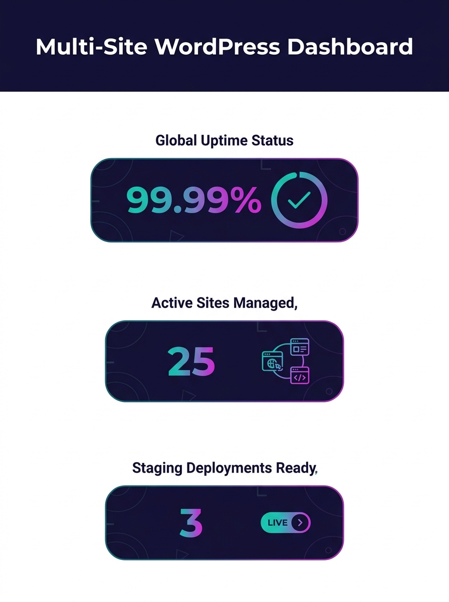 Dashboard view showing multi-site WordPress hosting management interface with uptime monitoring and staging environment controls