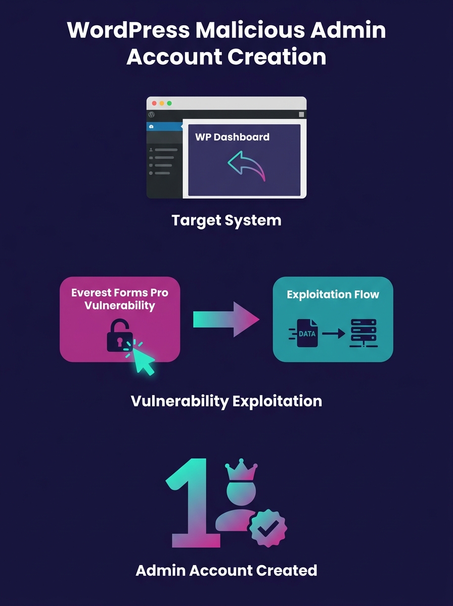 WordPress dashboard showing malicious administrator account creation via Everest Forms Pro vulnerability exploitation