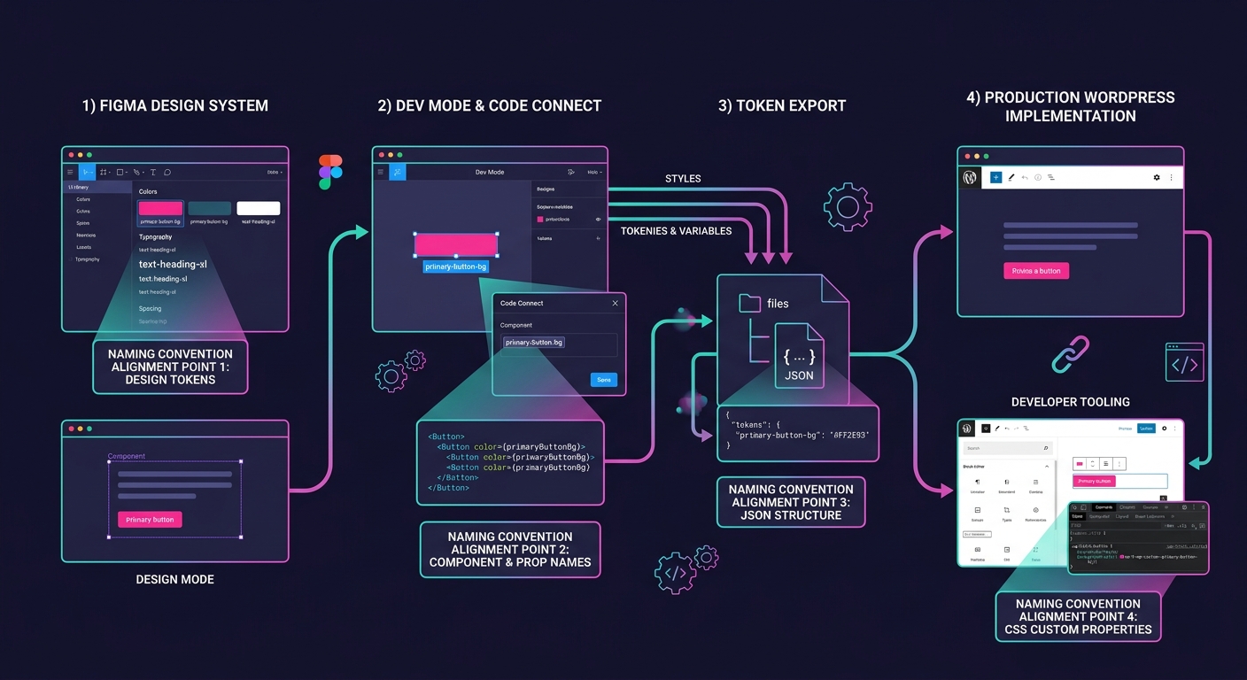 Workflow diagram showing the design-to-development handoff process from Figma with Dev Mode and Code Connect through token export to production WordPress implementation with CSS custom properties, hig