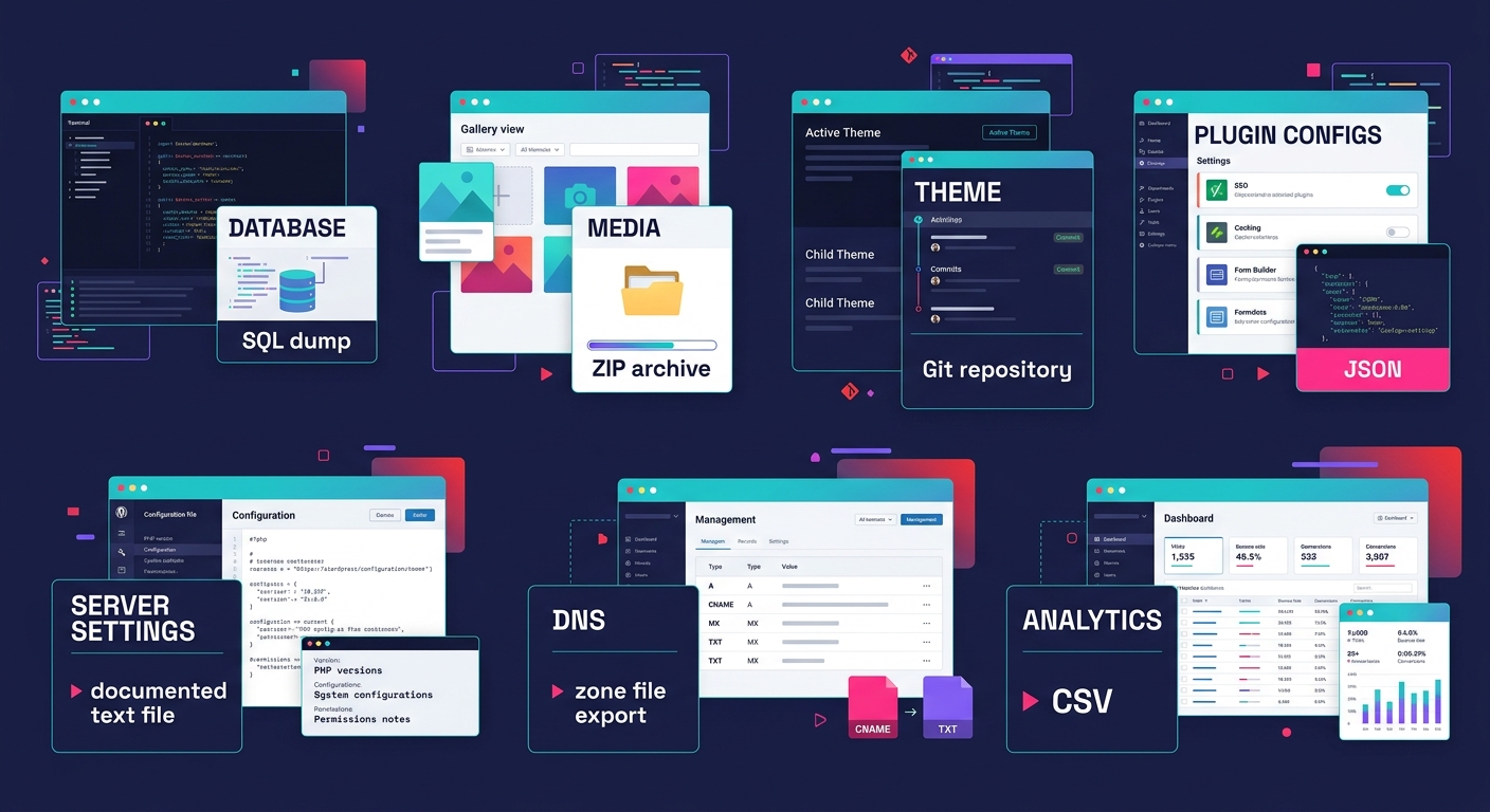 infographic comparing seven WordPress data categories requiring portability coverage, each shown as a labeled box with its recommended export format, including database as SQL dump, media as ZIP archi