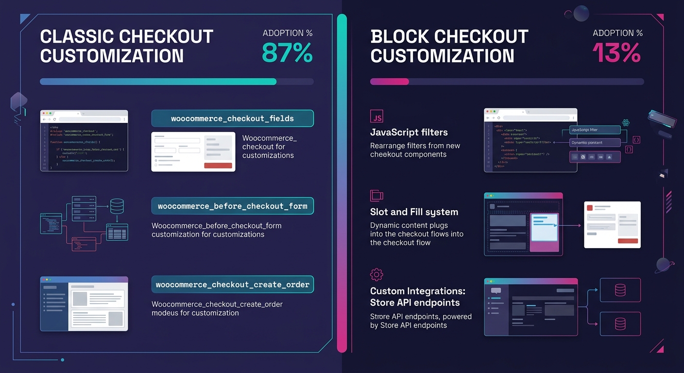 Infographic with two columns comparing classic WooCommerce checkout customization on the left showing PHP hooks like woocommerce_checkout_fields, woocommerce_before_checkout_form, and woocommerce_chec