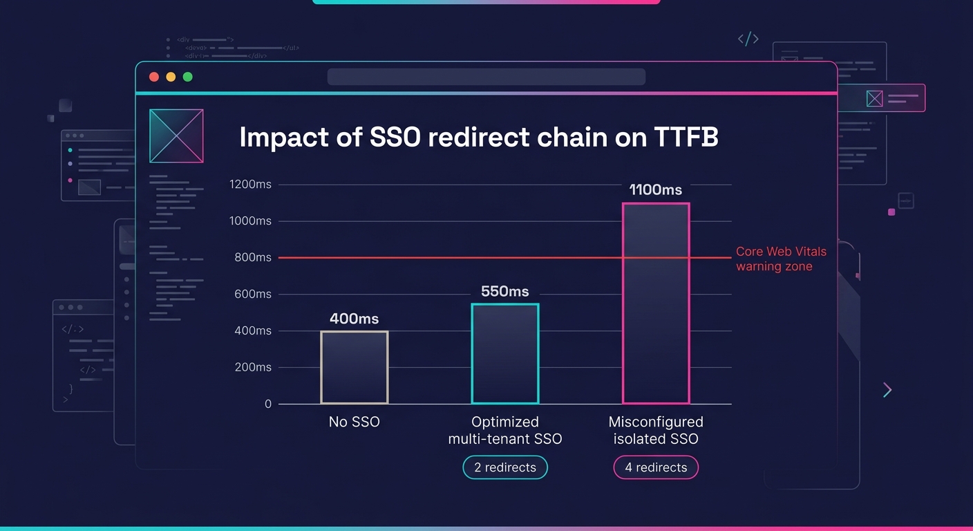 bar chart showing TTFB impact of SSO redirect chains — three bars comparing "No SSO" baseline at 400ms, "Optimized multi-tenant SSO" at 550ms with 2 redirects, and "Misconfigured isolated SSO" at 1100