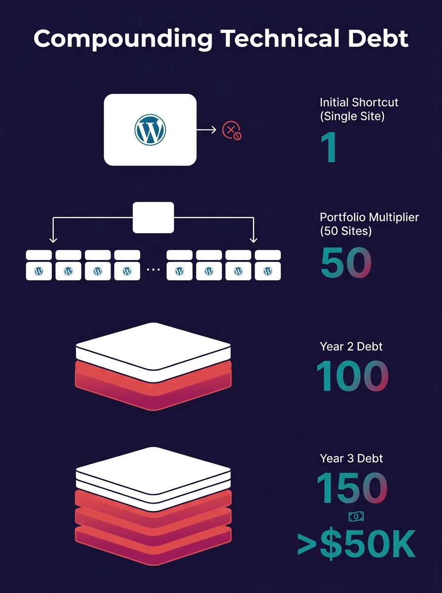 infographic showing how a single technical shortcut in one WordPress site multiplies across a 50-site agency portfolio over three years, with compounding debt items visualized as stacking layers per y