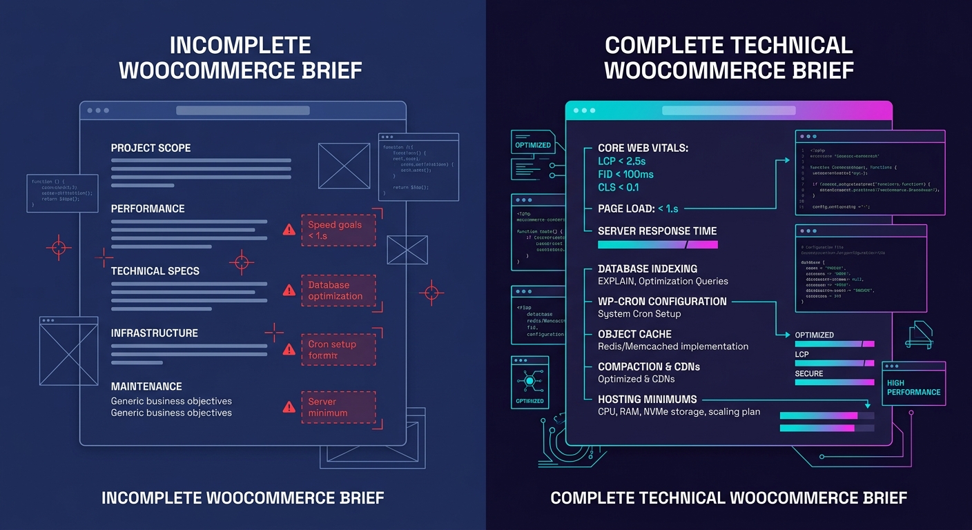 Side-by-side comparison of a WooCommerce agency brief without performance specs versus one with explicit Core Web Vitals targets, database indexing requirements, cron configuration, and hosting minimu