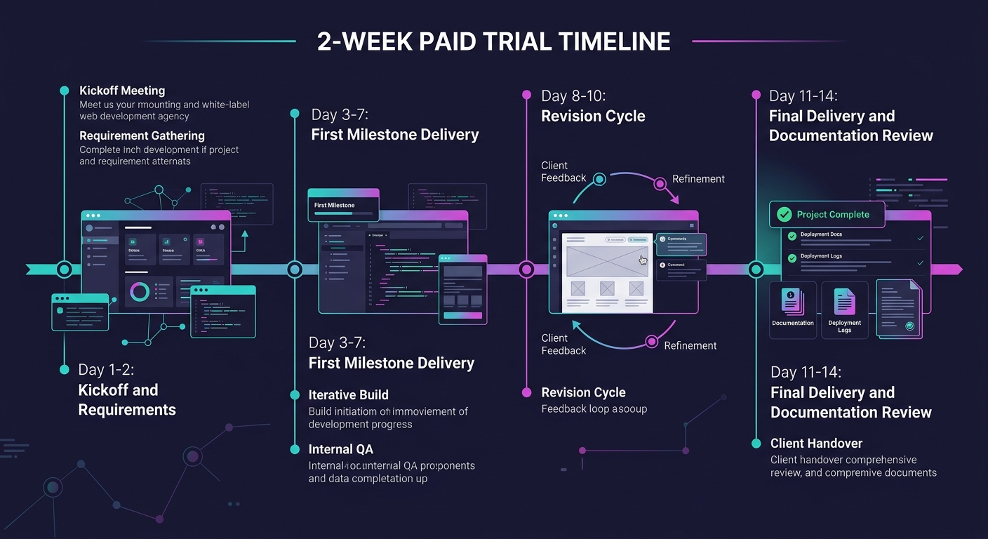 A timeline showing a 2-week paid trial broken into phases: Day 1-2 kickoff and requirements, Day 3-7 first milestone delivery, Day 8-10 revision cycle, Day 11-14 final delivery and documentation revie