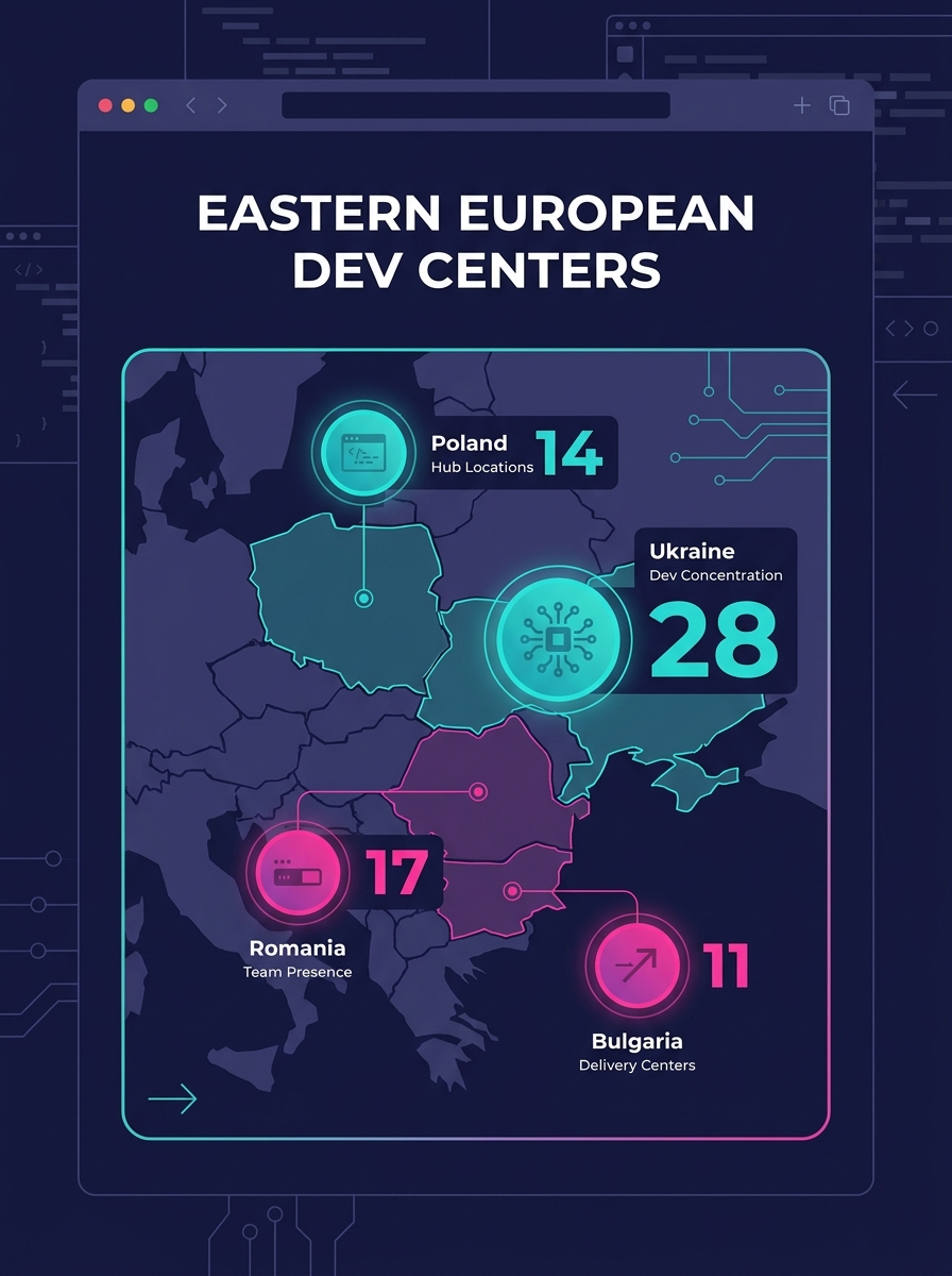 Map showing Eastern European offshore development center locations with concentration in Ukraine, Poland, Romania, and Bulgaria