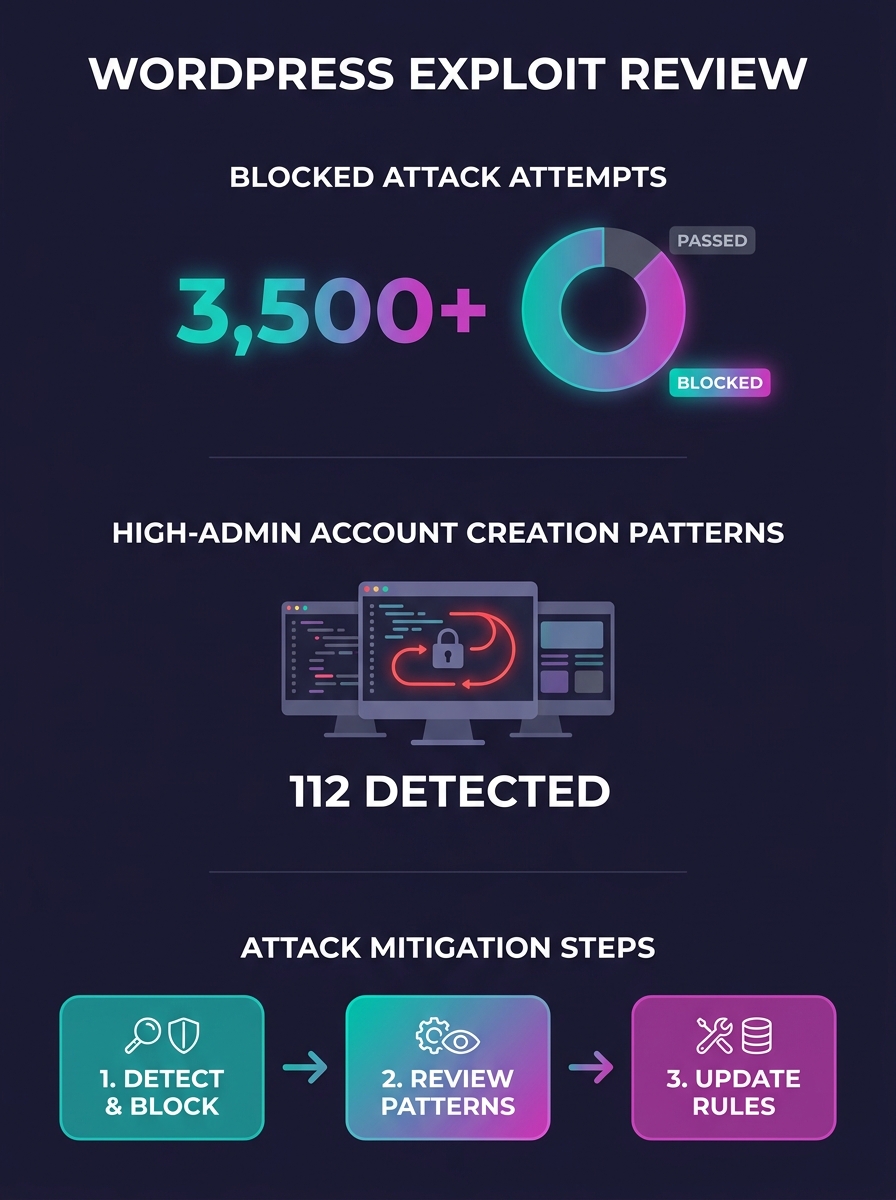 security analyst reviewing exploit logs on multiple monitors showing blocked WordPress attack attempts with highlighted admin account creation patterns