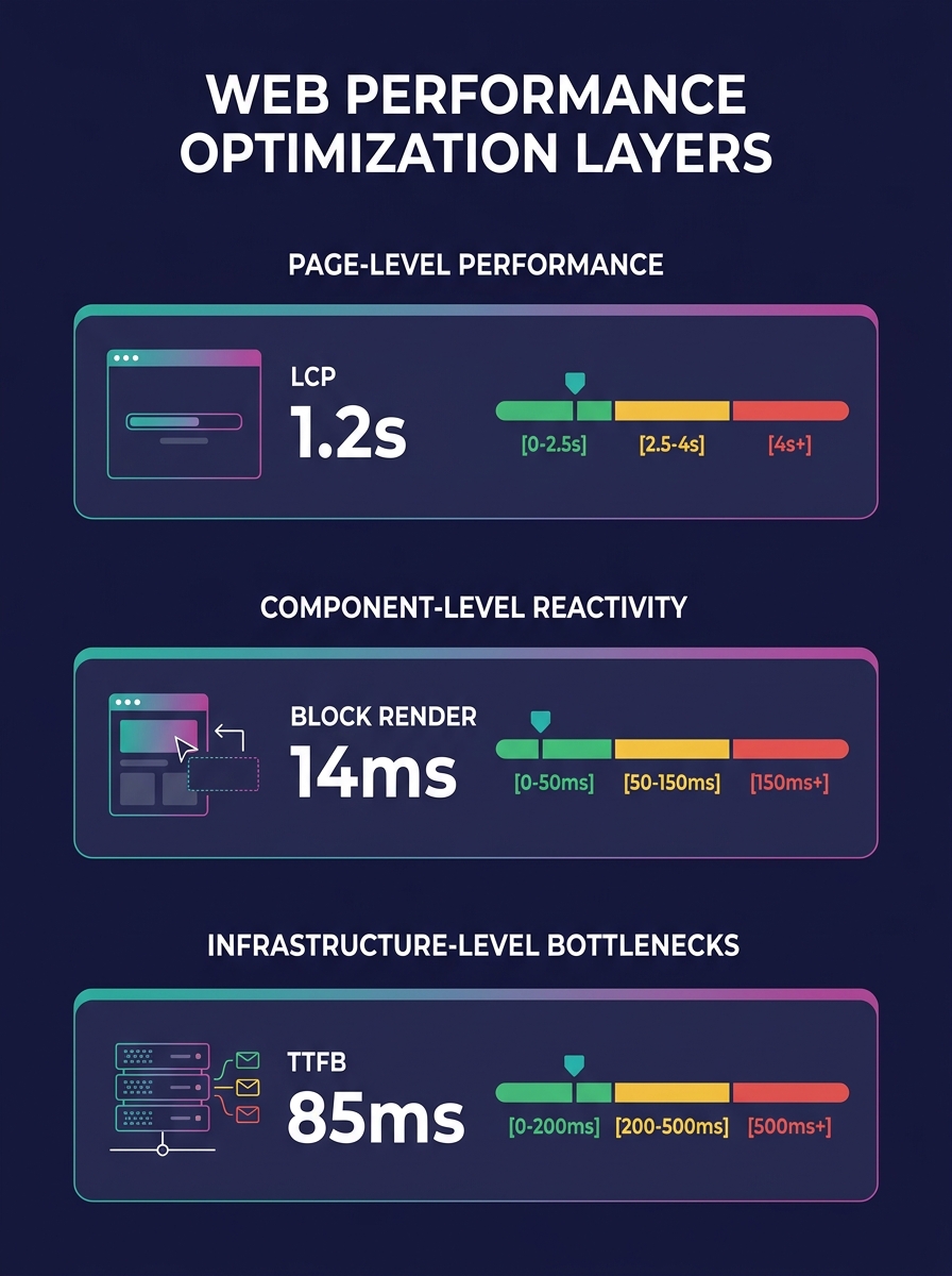 Infographic showing three stacked layers labeled page-level, component-level, and infrastructure-level, each containing example metrics like LCP, block render time, and TTFB, with threshold ranges mar