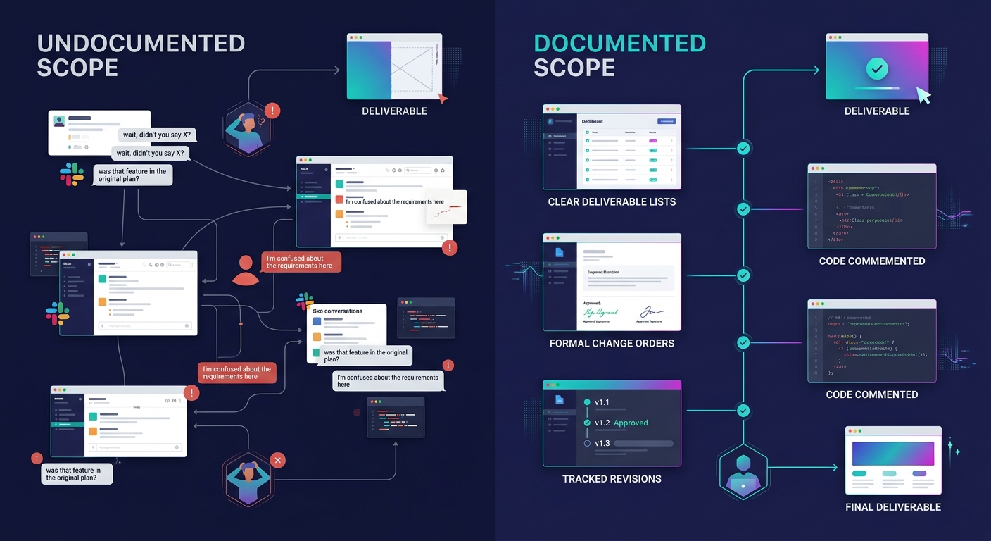 a comparison diagram showing two project workflows side by side - one labeled "undocumented scope" with scattered Slack messages and confused developers, and one labeled "documented scope" with formal