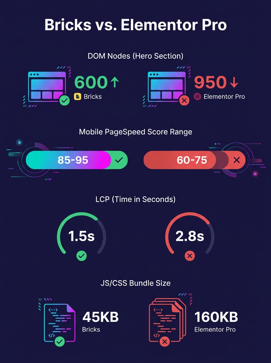 Infographic comparing Bricks Builder vs Elementor Pro across four metrics — DOM nodes per hero section, mobile PageSpeed score range, LCP in seconds, and JS/CSS bundle size — with green and red color 