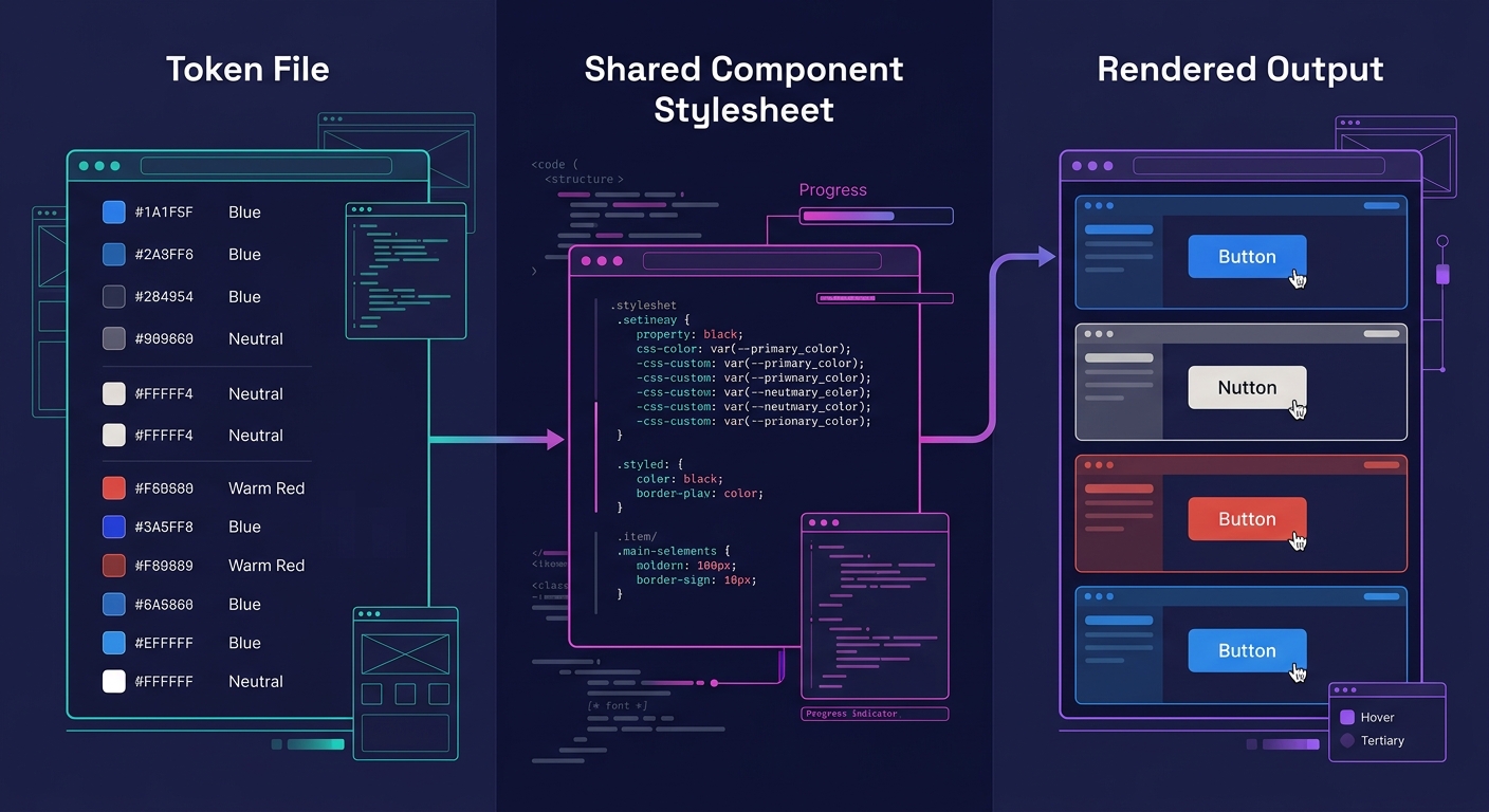 infographic with three columns showing the token layer architecture, with Token File on the left listing specific color hex values and font names, Shared Component Stylesheet in the center referencing