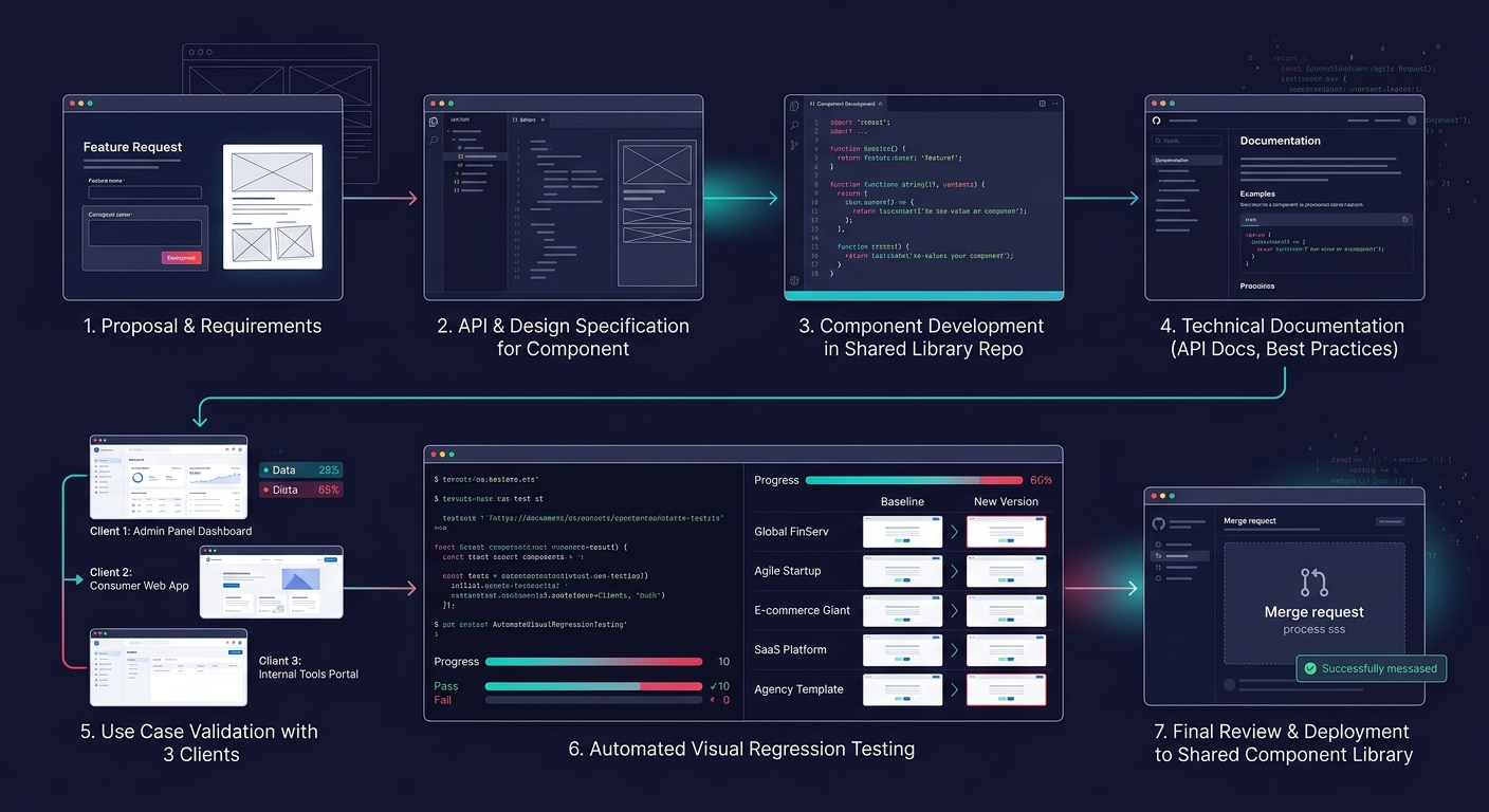 flowchart showing the component governance process from proposal through 3-client-use-case validation, documentation, visual regression testing against 5 client configs, and deployment to the shared l