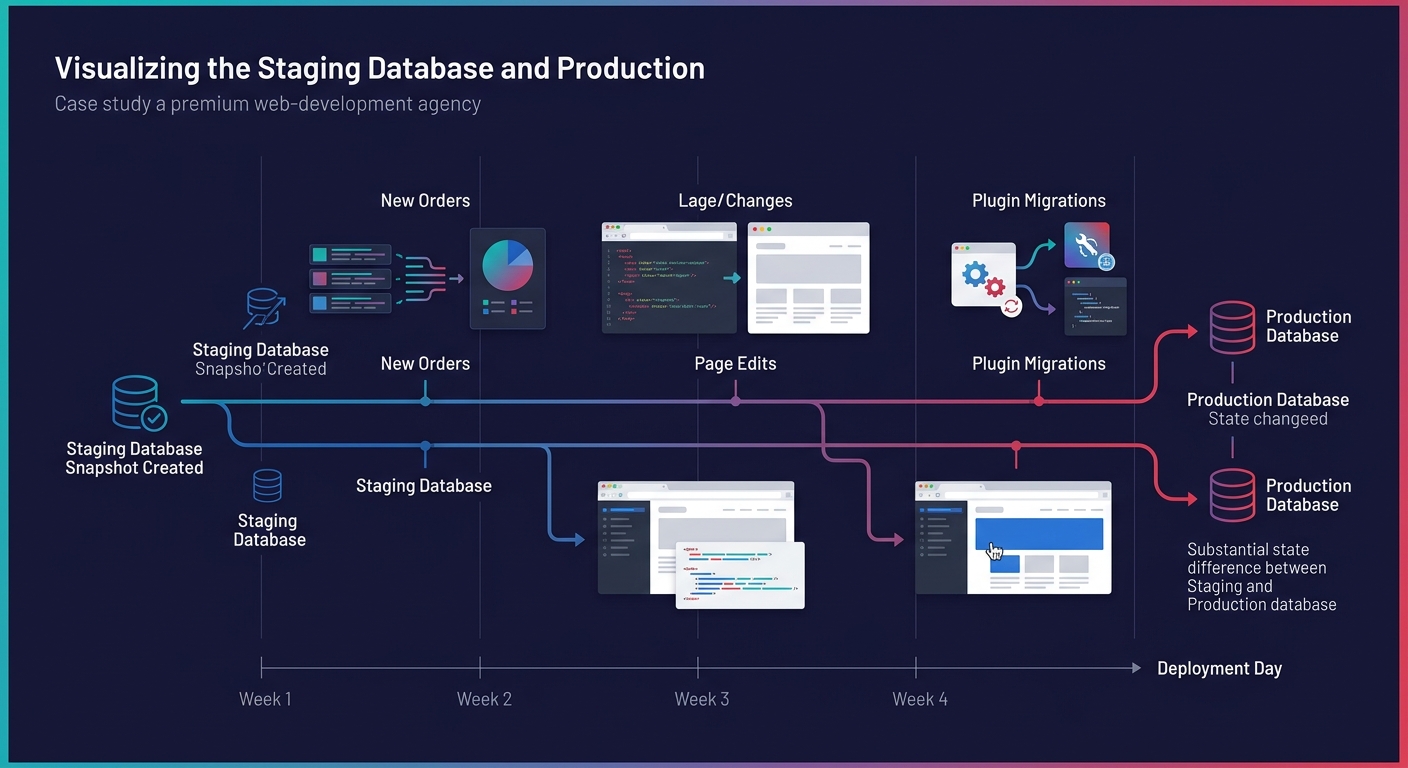 Diagram showing a timeline of staging database snapshot creation, followed by production database changes over 4 weeks including new orders, page edits, and plugin migrations, illustrating how the two